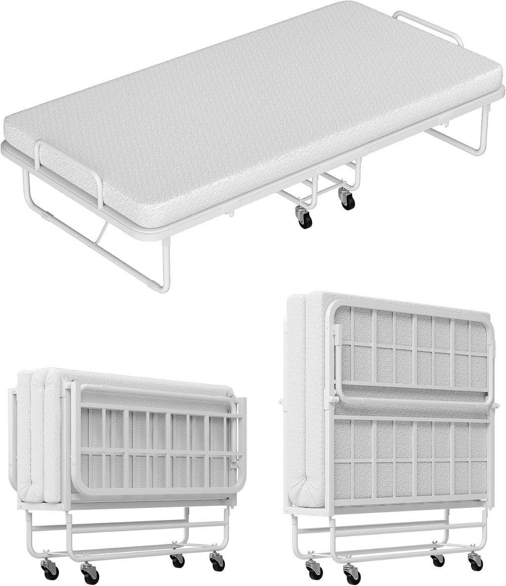 Folding Bed with Mattress Twin, Heavy Duty Steel Slat Frame, Portable Rollaway Bed with Firm Foam Mattress, Easy Assembly, Ideal for Guests & Camping, White