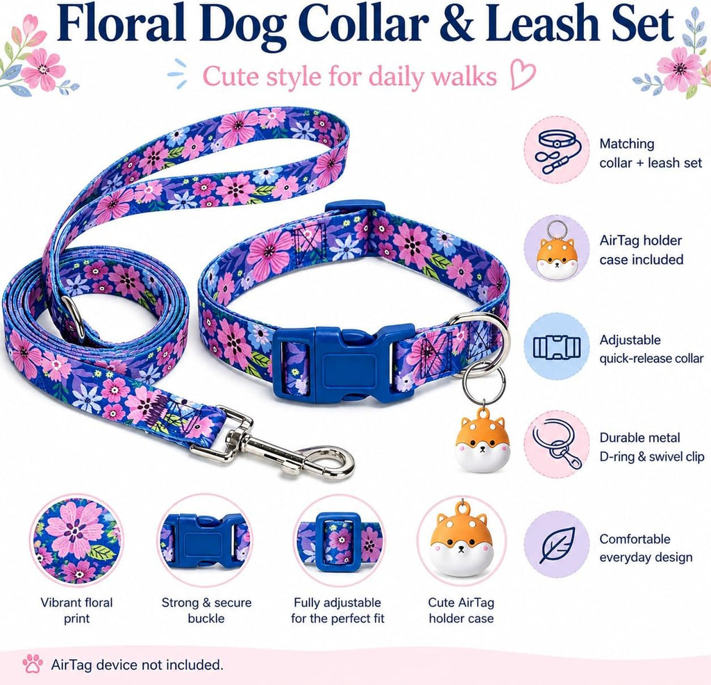 Floral Matching Dog Collar and Leash Set with AirTag Holder-Dark Flower/L