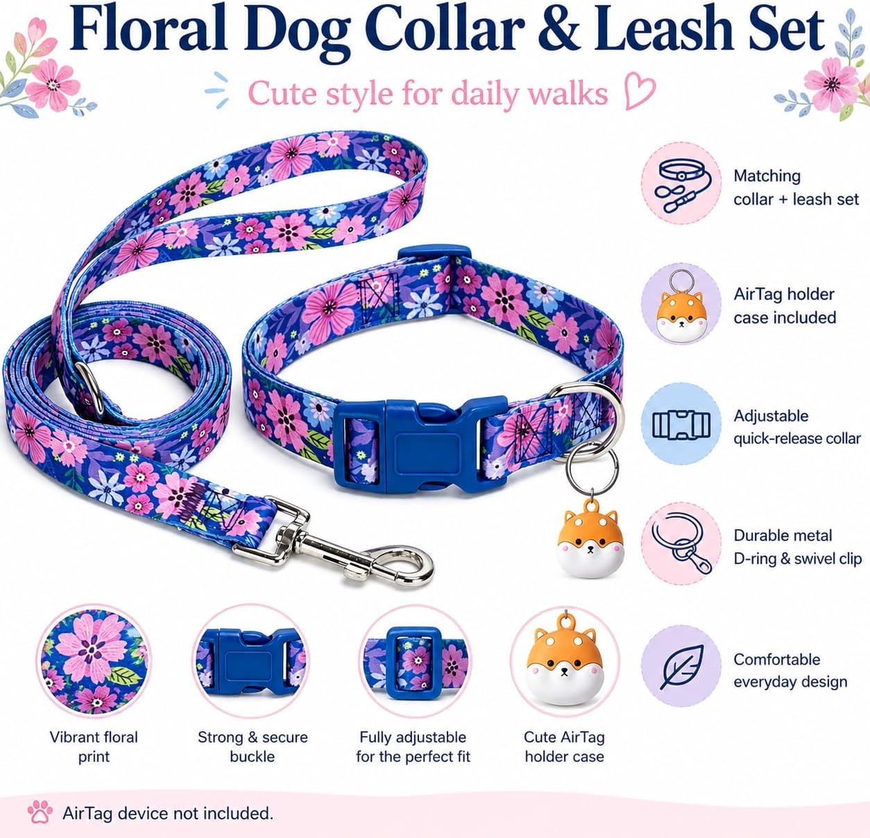 Floral Matching Dog Collar and Leash Set with AirTag Holder-Dark Flower/L