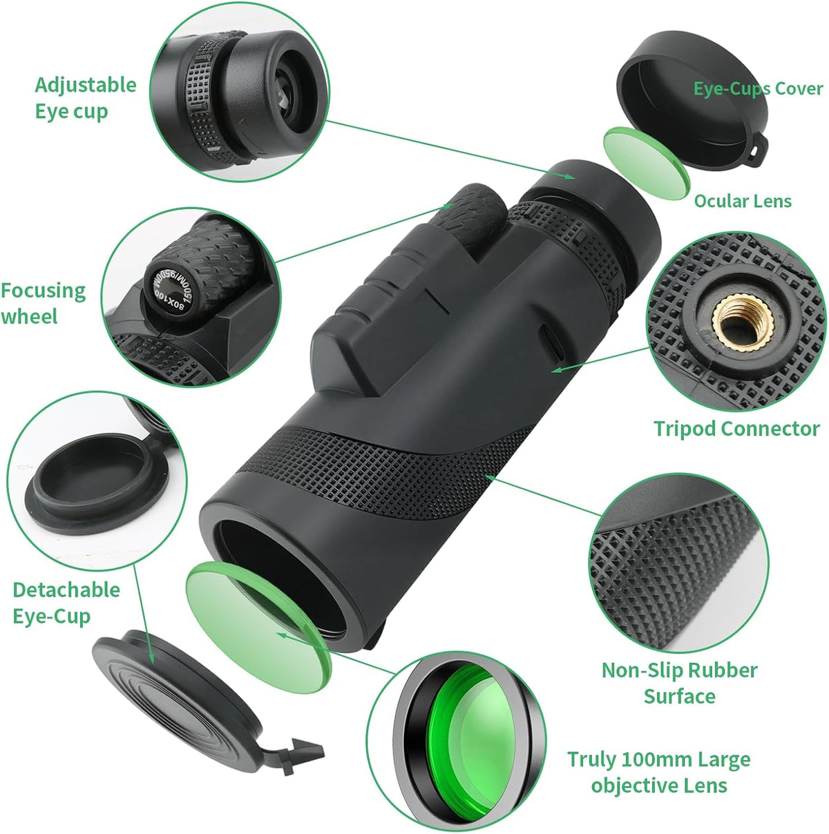 80x100 Monocular Telescope, BAK4, Waterproof, Phone Adapter, Hiking