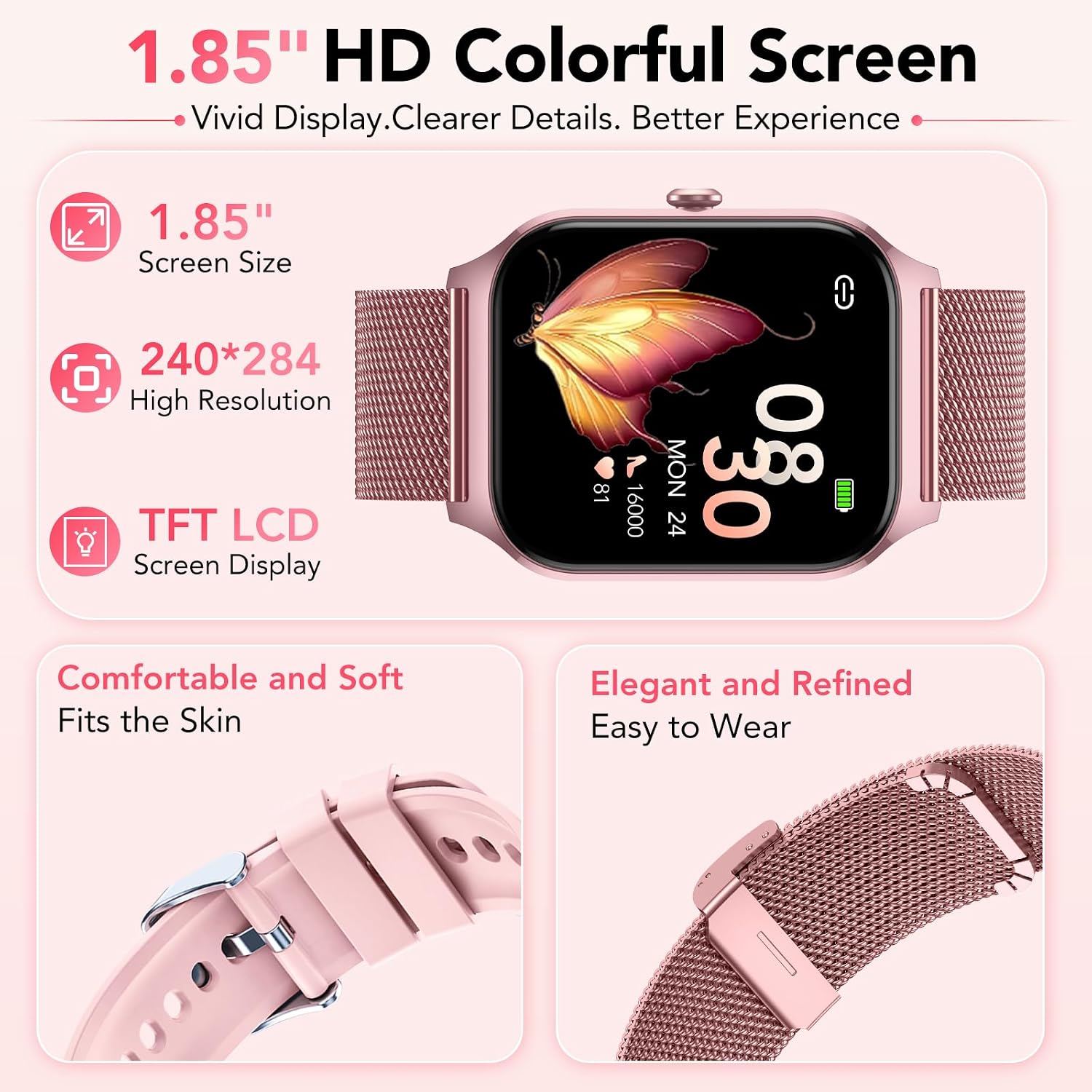 Smart Watch for Women, Answer/Make Call/AI Voice,1.85" HD Smartwatch for iPhone/Samsung/Android, 120+ Sport Modes Fitness Tracker with Heart Rate/Sleep Monitor,IP68 Waterproof (2 Bands)