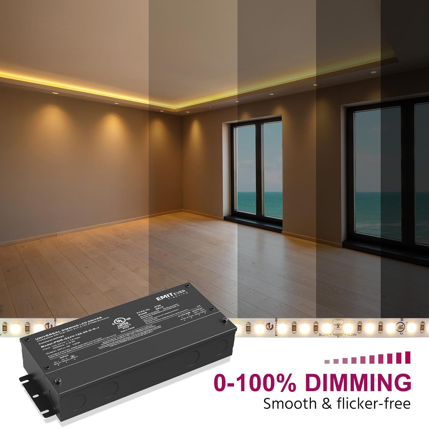 EMITEVER 120W 24V 5-in-1 Dimmable LED Driver,AC 110-277V to DC Transformer