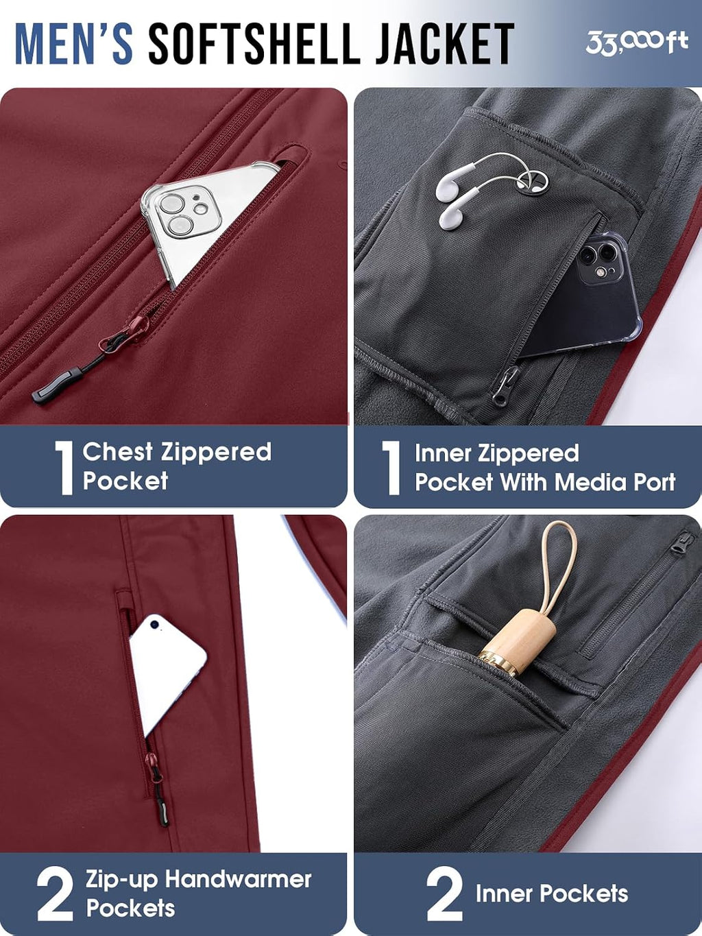 33,000ft Men's Hooded Softshell Jacket Waterproof Fleece Windbreaker Jacket