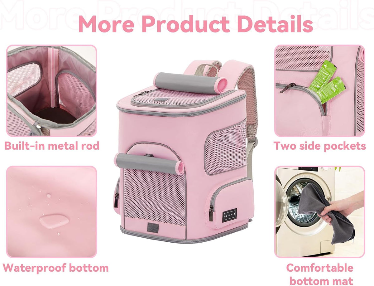 PETSFIT Pet Carrier Backpack with Upgraded Waist Protection, Cat Carrier Backpack Designed for Small Dogs/Cats, Fully Ventilated Collapsible Dog Backpack for Outdoor Traveling Hiking Camping, Pink