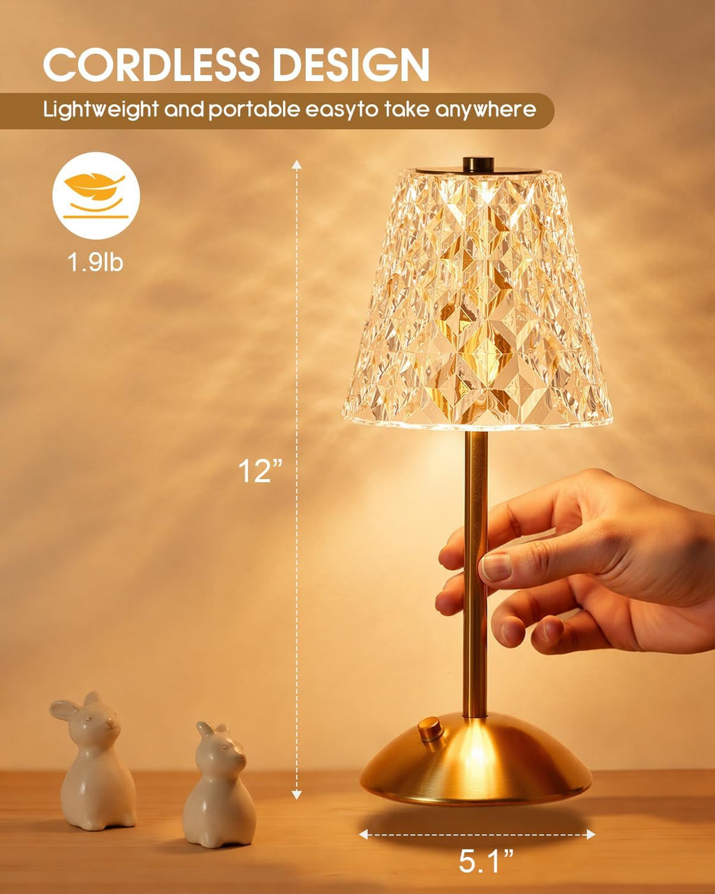 Nusogon Rechargeable Cordless Table Lamp, Gold Small Battery Powered Lamp