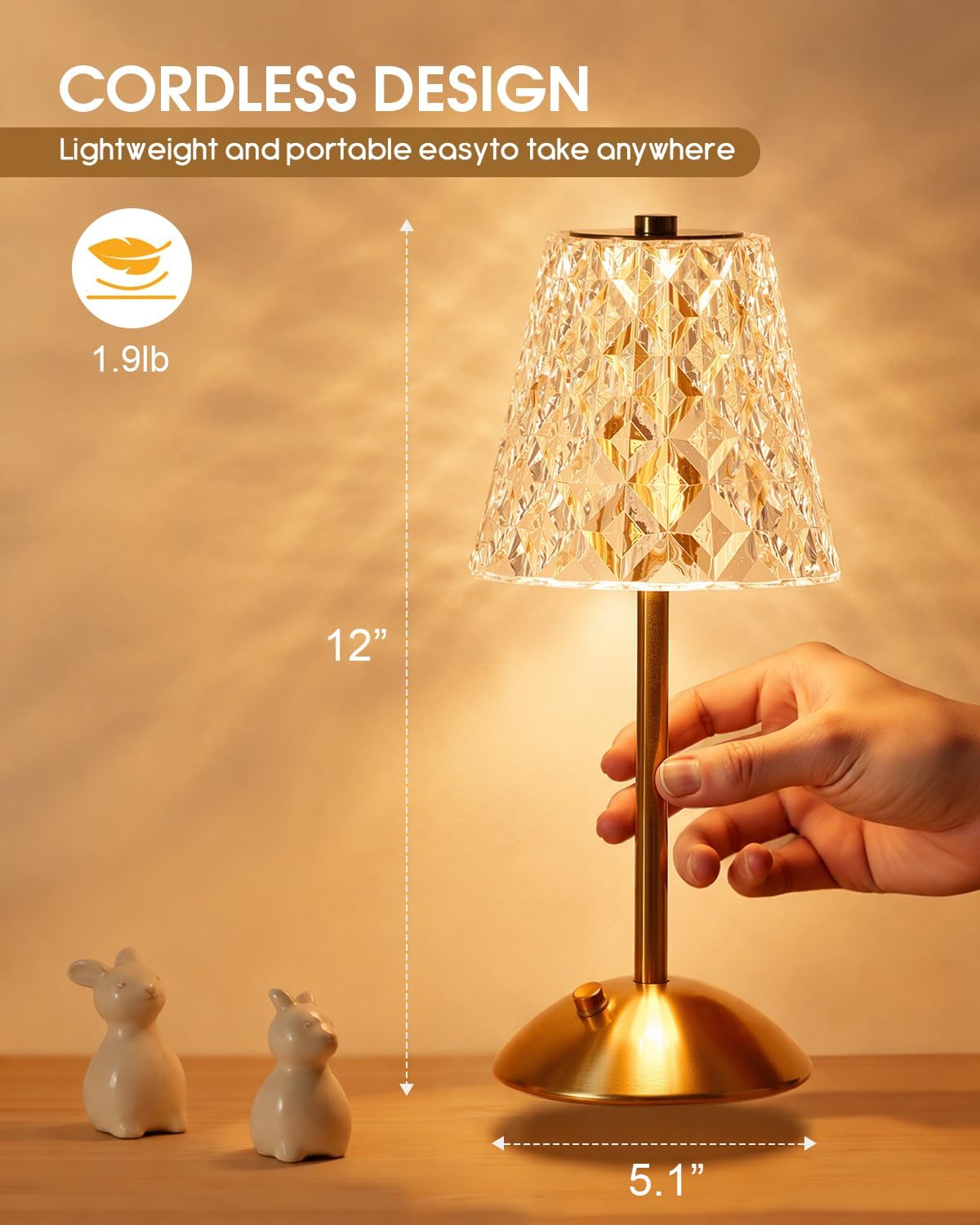 Nusogon Rechargeable Cordless Table Lamp, Gold Small Battery Powered Lamp