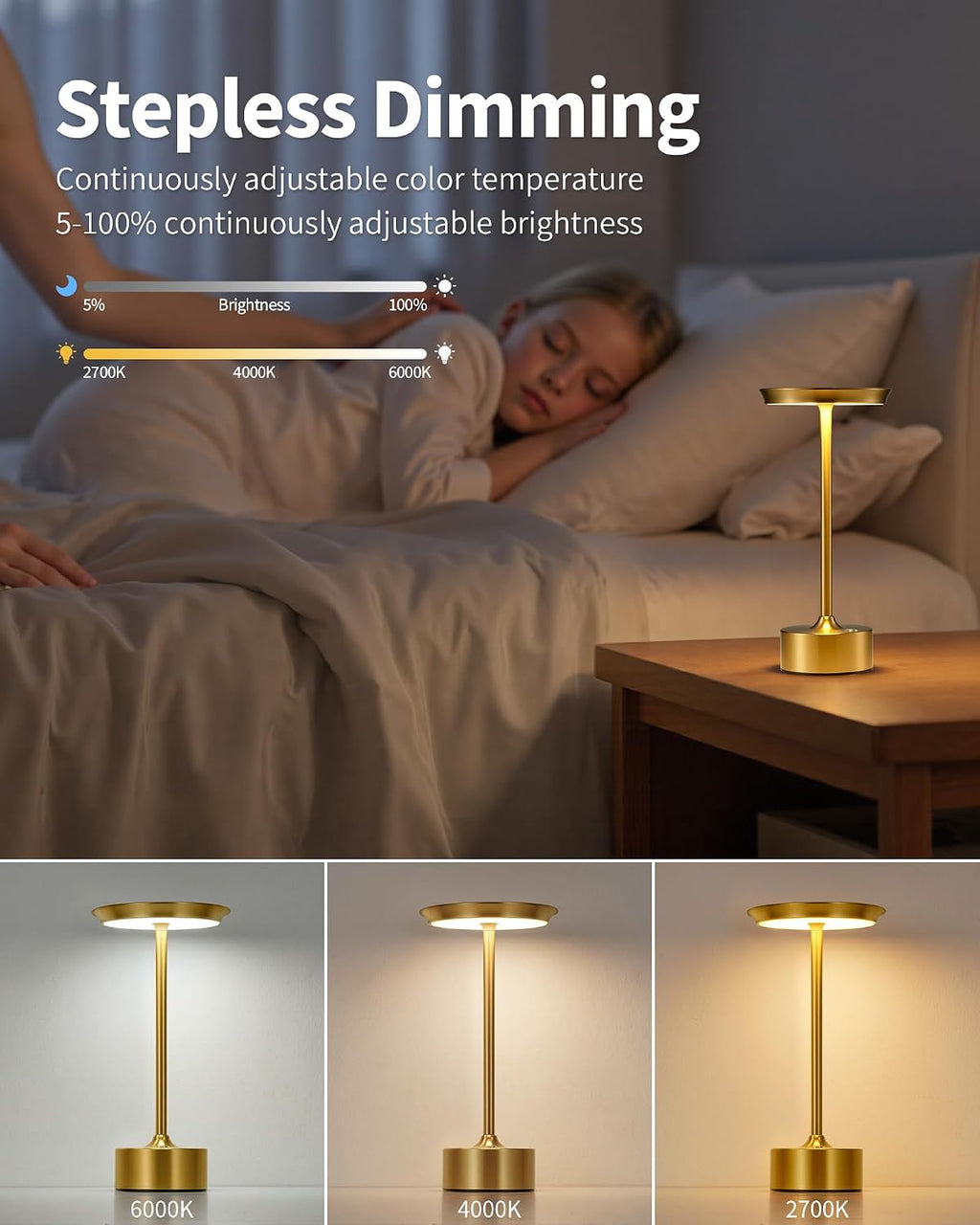 PUSU Rechargeable Table Lamps Set of 2, Gold Cordless Portable Desk Lamp