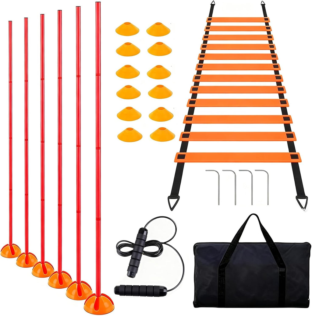 6PCS 6FT Adjustable Soccer Agility Training Poles, Soccer Agility Training Equipment with 20 ft Speed Ladder, 12 Disc Cones and Weighted Jump Ropes, Speed & Agility Turf Training Poles Drills
