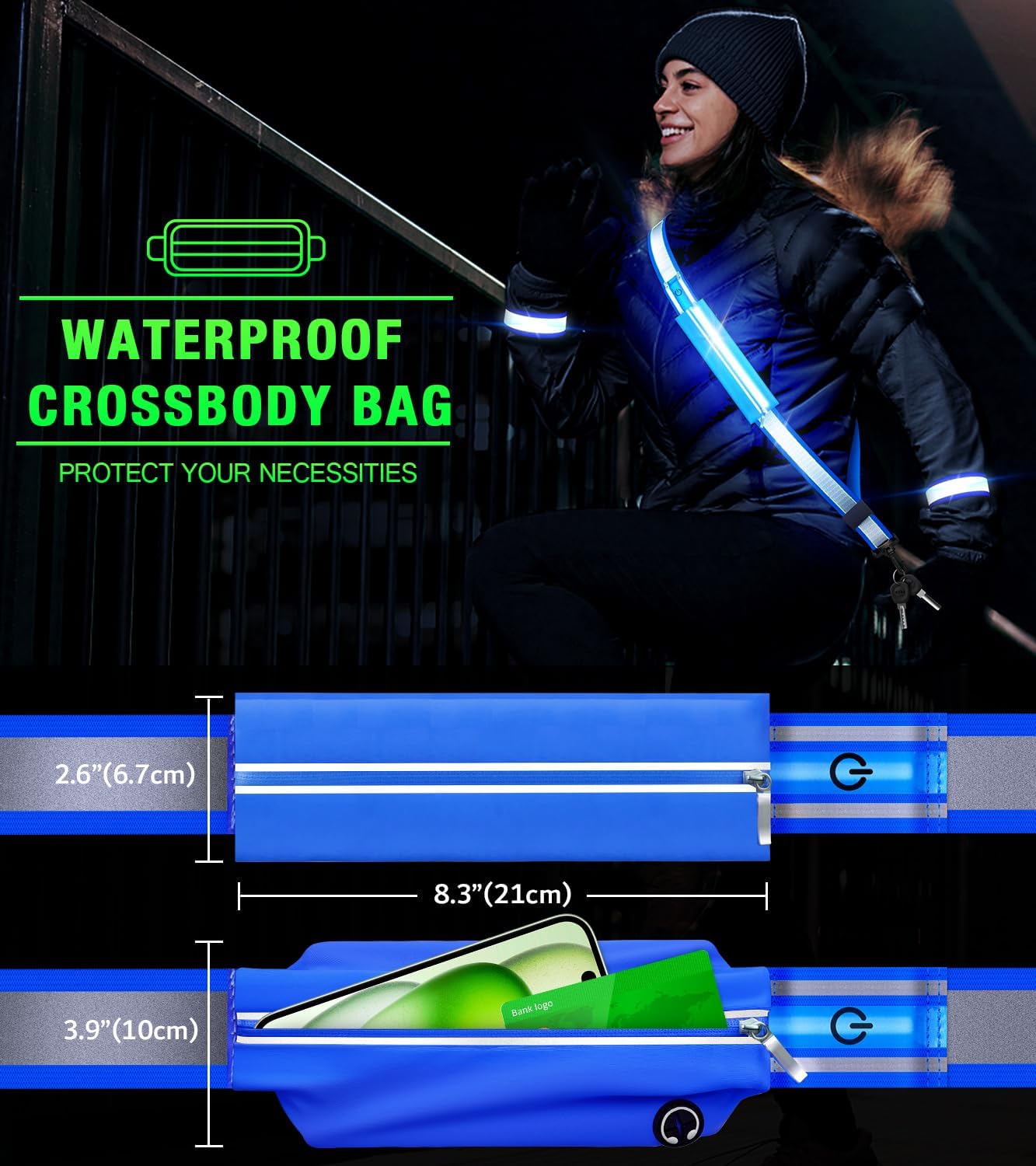 Ylzzrs LED Belt Reflective Sash for Walking at Night,High Visibility Adjustable Night Running Safety Gear,Light Up Running Belt Reflective Gear with Phone Bag/Armband for Runners Walkers Men Women