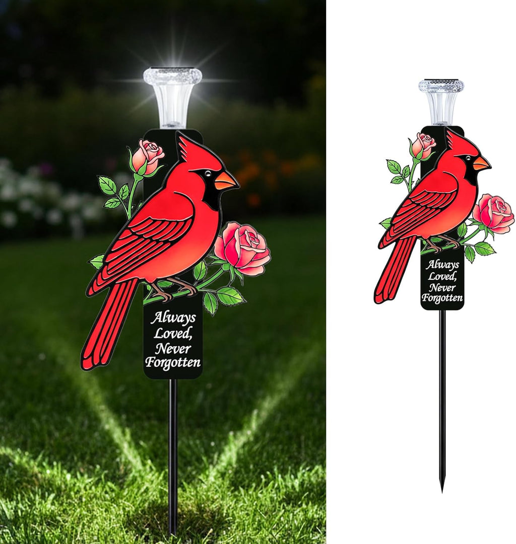Solar Cardinal Memorial Stakes for Graves - Metal Cemetery Decorations with LED Light, Sympathy Gift for Loss of Father Dad, Mom, Grandma, Garden Grave Markers