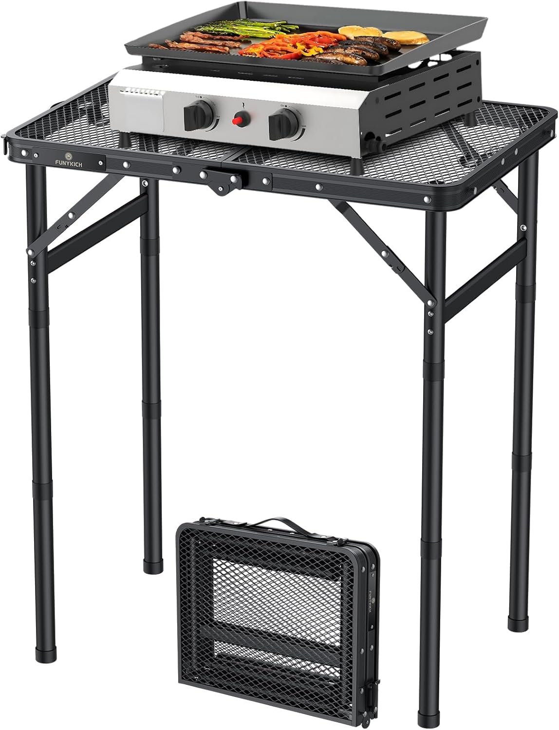 2ft Folding Grill Table 23''x16'', 3 Adjustable Heights Max 27.5'', Black