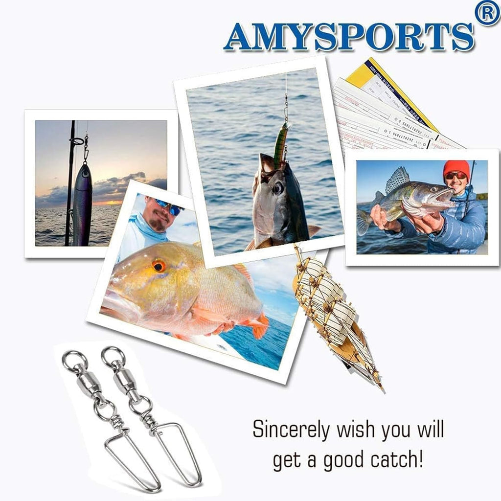 AMYSPORTS High Strength Fishing Snap Swivels - Stainless Steel Ball Bearing Swivels - Saltwater & Freshwater Fishing