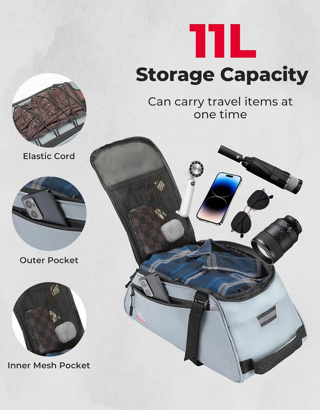 KEMIMOTO 3-in-1 Rear Bike Bag, 11L Convertible Backpack/Shoulder Bag, Gery