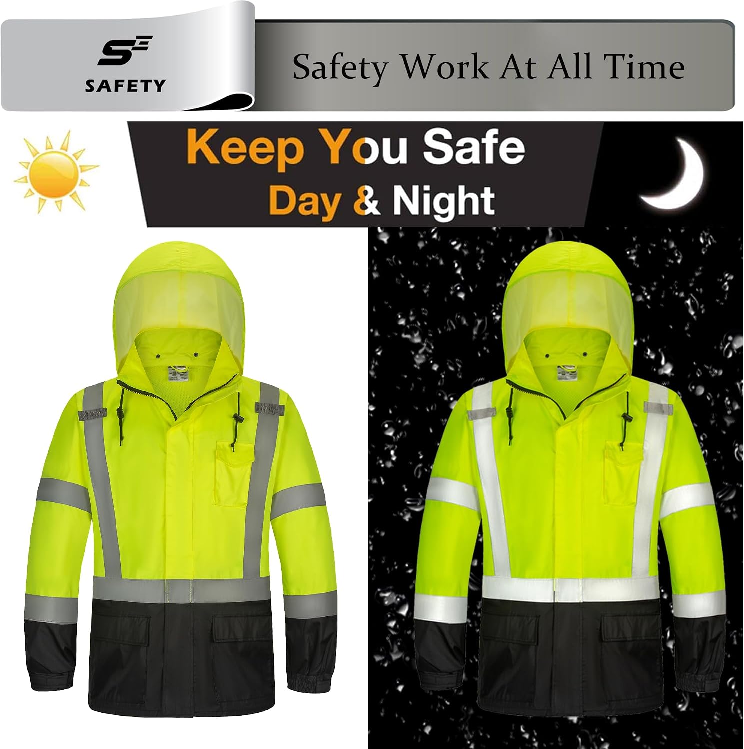 sesafety Hi Vis Rain Jacket, Rain Suits for Men Waterproof withBlack Bottom