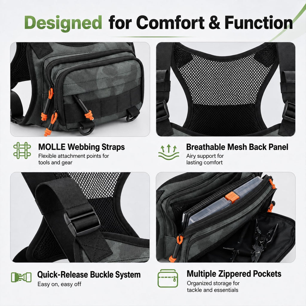 All in One Fishing Chest Pack Tackle Bag with Tackle Box, Fishing Lures Kit