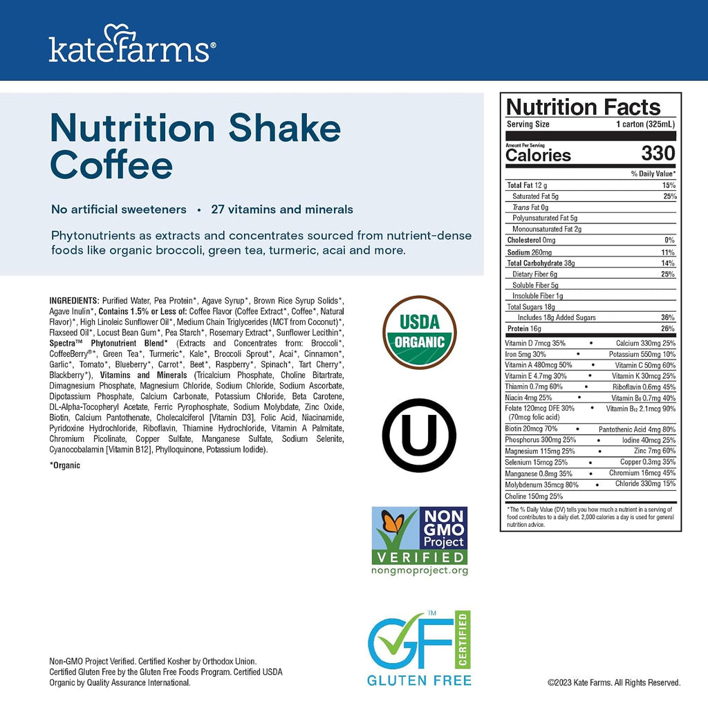 KATE FARMS Organic Nutrition Shake, Coffee, 16g Protein, 27 Vitamins and Minerals, Meal Replacement Shake, 11 oz (12 Pack)