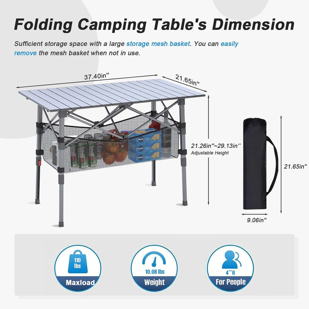 Portable Camping Table with Adjustable Height Legs, Lightweight Aluminum Roll-up beach tables for sand foldable，Folding Picnic Table Large Storage Basket for Outdoor camping (Black, Medium 37")