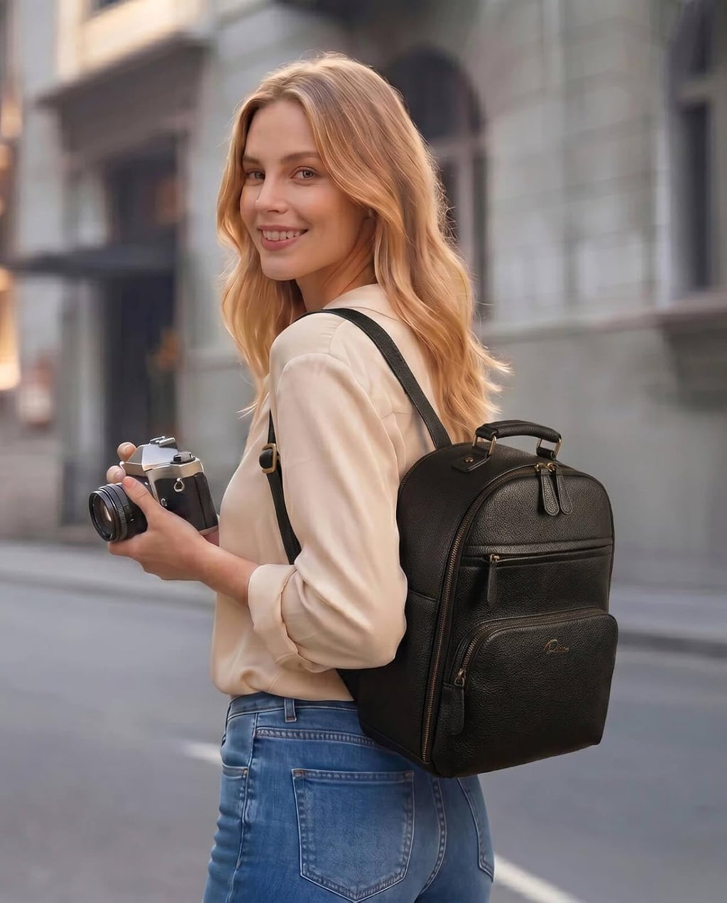 Small Camera Backpack Classic PU Leather for DSLR, Professional Camera Bag for Photographers with 11 Inch Pad/Tablet Compartment Small 10L Black