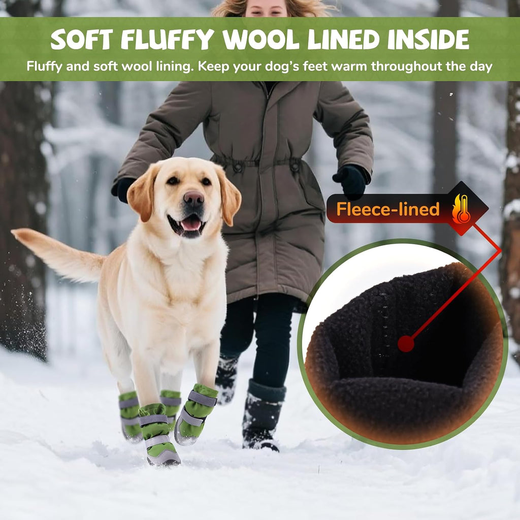 Winter Dog Snow Boots with Fleece Lining, Dog Shoes for Medium Large Size Dogs, Waterproof Dog Booties and Paw Protectors, Anti-Slip & Reflective Dog Shoes for Snow Outdoor, Hiking (Green-Size 4)
