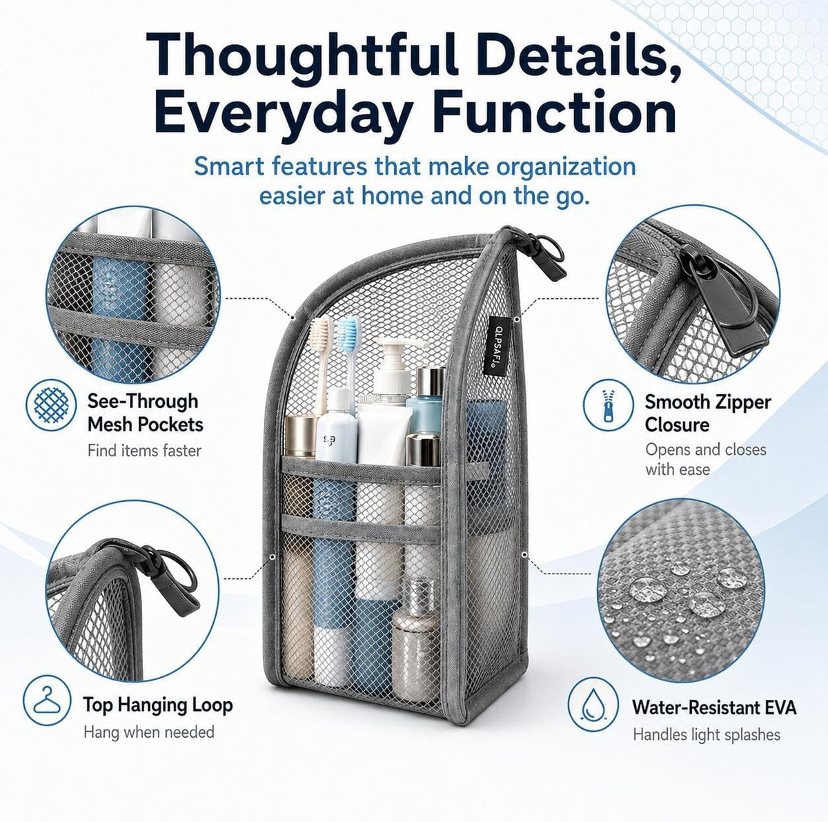Mesh Zipper Toiletry Bag for Travel Storage Pouch Multi-pocket Travel Cosmetic Bathroom Count Hanging Organizer Portable Standing Makeup Foldable Clear Waterproof EVA Large Capacity(4pc)