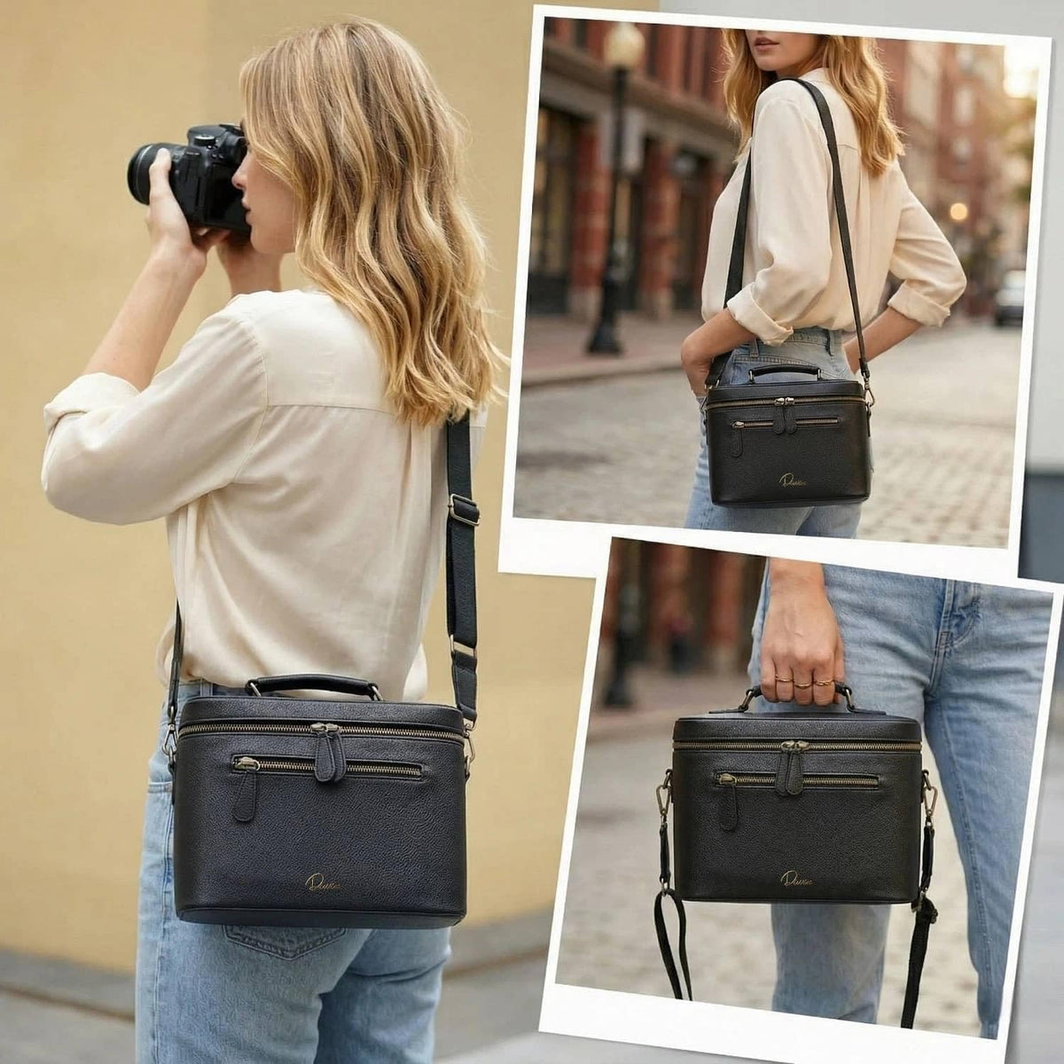 Camera Sling Bag, Waterproof PU Leather Crossbody Camera Case for Photographers, Small Shoulder Bag Compatible for Canon Nikon Sony (Black)
