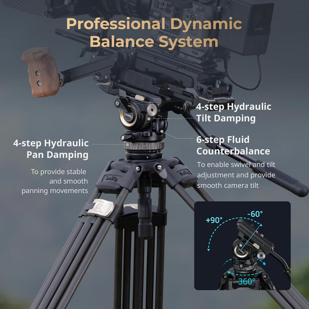 SmallRig AD-Pro8 FreeBlazer Counterbalance Carbon Fiber Video Tripod Kit, 77" Video Tripod with 6-Step Counterbalance, 4-Step Pan/Tilt Hydraulic Damping, 2 Mid-level Spreaders, Max Load 17.6lbs - 4465
