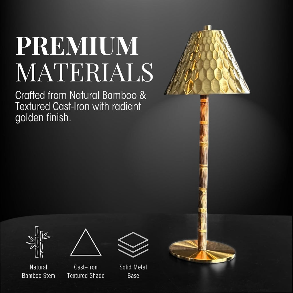 Bamboo Cordless LED Table Lamp – Rechargeable 24-Hour Battery, Dimmable Warm Light, Portable Wireless Lamp with Remote for Indoor/Outdoor Use, Home, Patio, Restaurant – (TEXTURED GOLD), 14.76" Tall