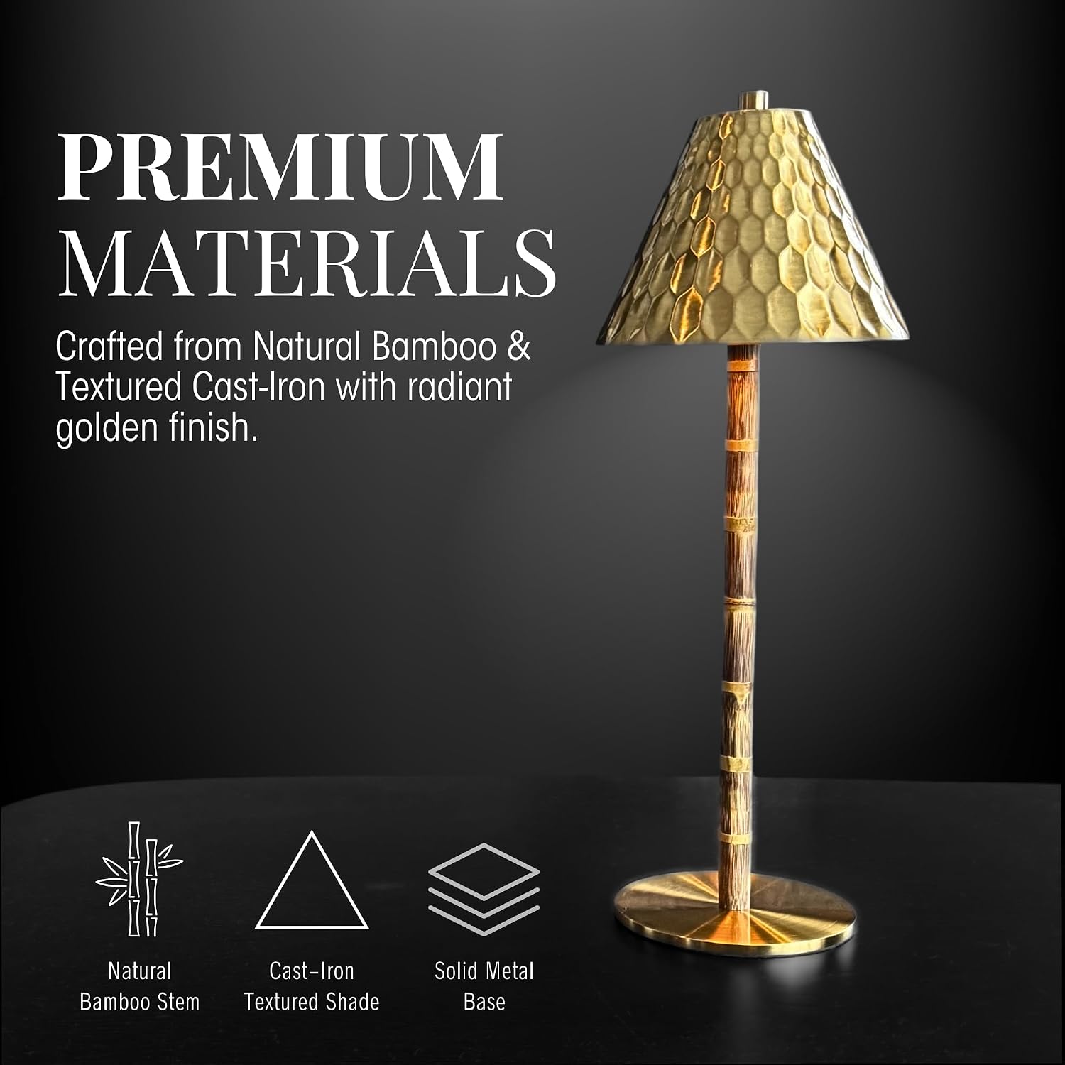Bamboo Cordless LED Table Lamp – Rechargeable 24-Hour Battery, Dimmable Warm Light, Portable Wireless Lamp with Remote for Indoor/Outdoor Use, Home, Patio, Restaurant – (TEXTURED GOLD), 14.76" Tall