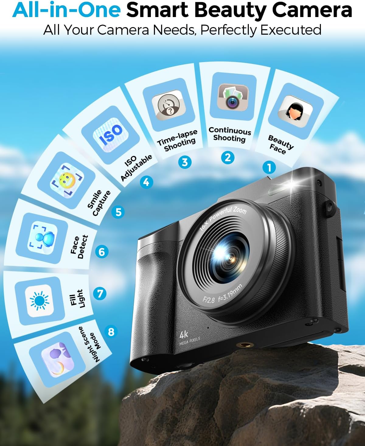 4K Digital Camera for Photography- 48MP Autofocus Vlogging Camera with 2.8" 180° Flip Screen, 16X Digital Zoom- Compact Point and Shoot Camera with 64GB SD for YouTube, Travel, Beginners
