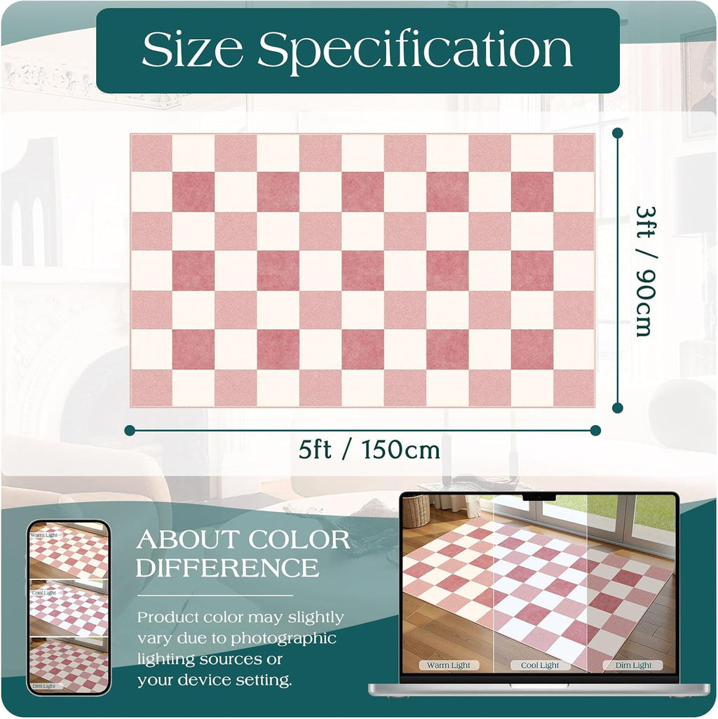 Pink White Checkered Entry Rug - 3x5 Non-Slip Indoor Outdoor Rugs