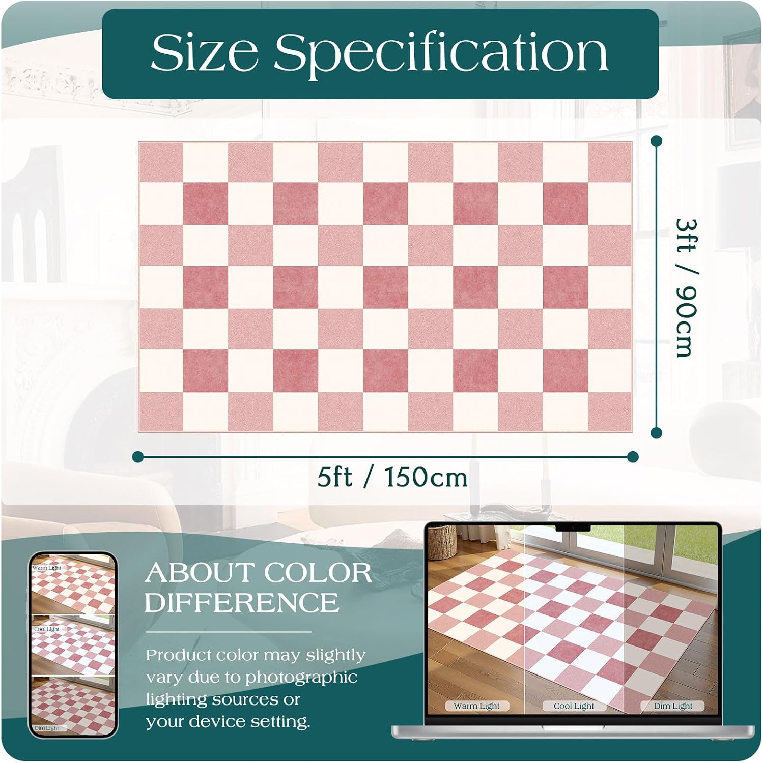 Pink White Checkered Entry Rug - 3x5 Non-Slip Indoor Outdoor Rugs
