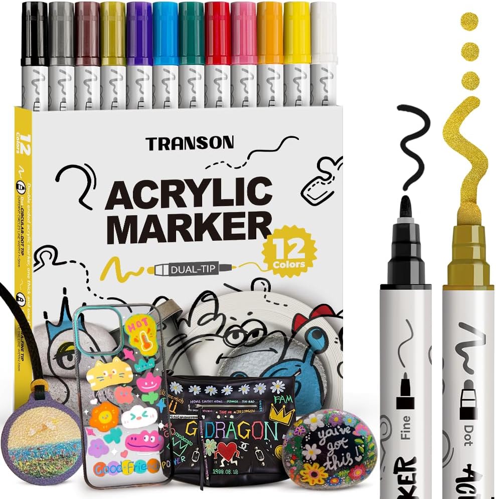 TRANSON 36 Color Bold and Fine Dual-tip Acrylic Paint Pen Set for Canvas Rock Wood Leather Ceramic DIY Painting