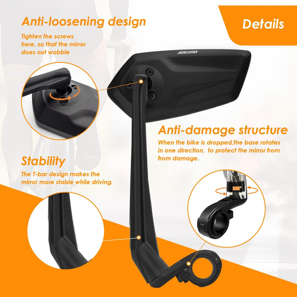Arkham Bike Mirror for Handlebar Adjustable Bicycle Rear View Mirror 360 Rotatable, HD Glass Bicycle Mirror Shakeproof, Easy Installation,Wide View Angle, Essential Bike Tool for All Bicyclists,Left