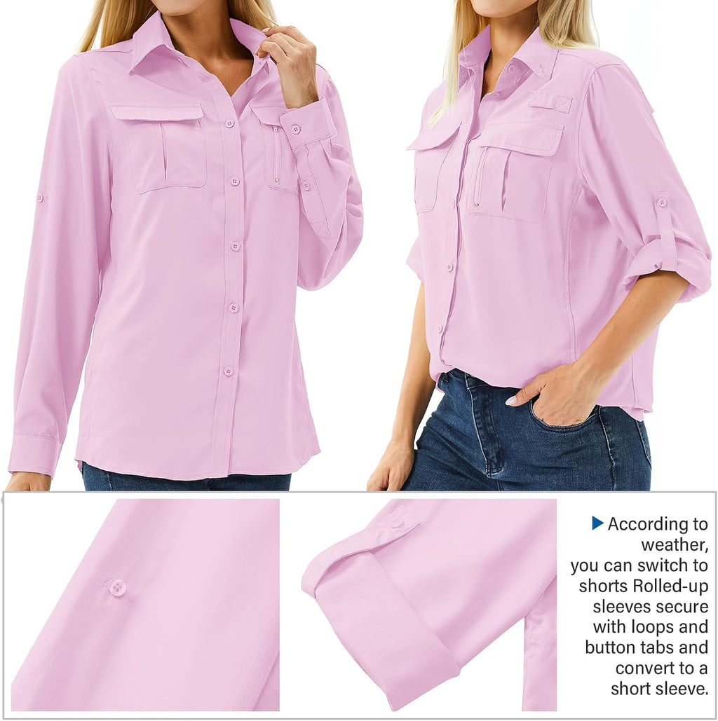 Women's UPF 50 Long Sleeve Sun Protection Safari Fish Hiking Shirts