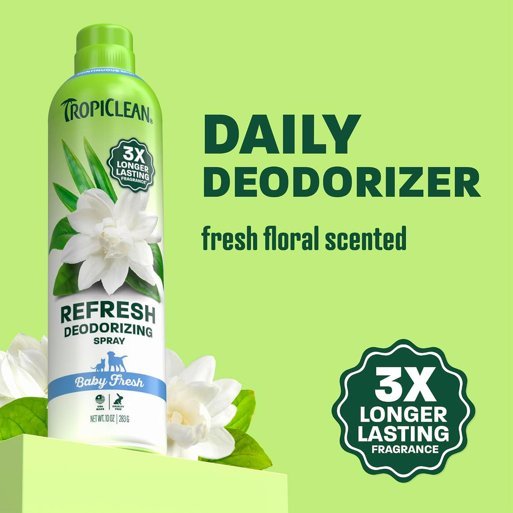 TropiClean Dog Perfume, Baby Fresh Scented Dog Deodorizing Spray, 3X Long-Lasting Scent, After Bath Cologne & Detangling Spray with Vitamin E, 10oz.