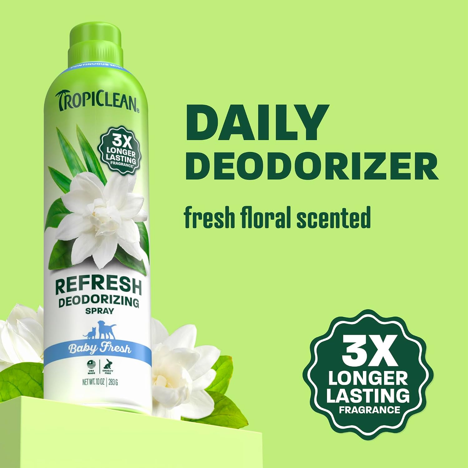 TropiClean Dog Perfume, Baby Fresh Scented Dog Deodorizing Spray, 3X Long-Lasting Scent, After Bath Cologne & Detangling Spray with Vitamin E, 10oz.