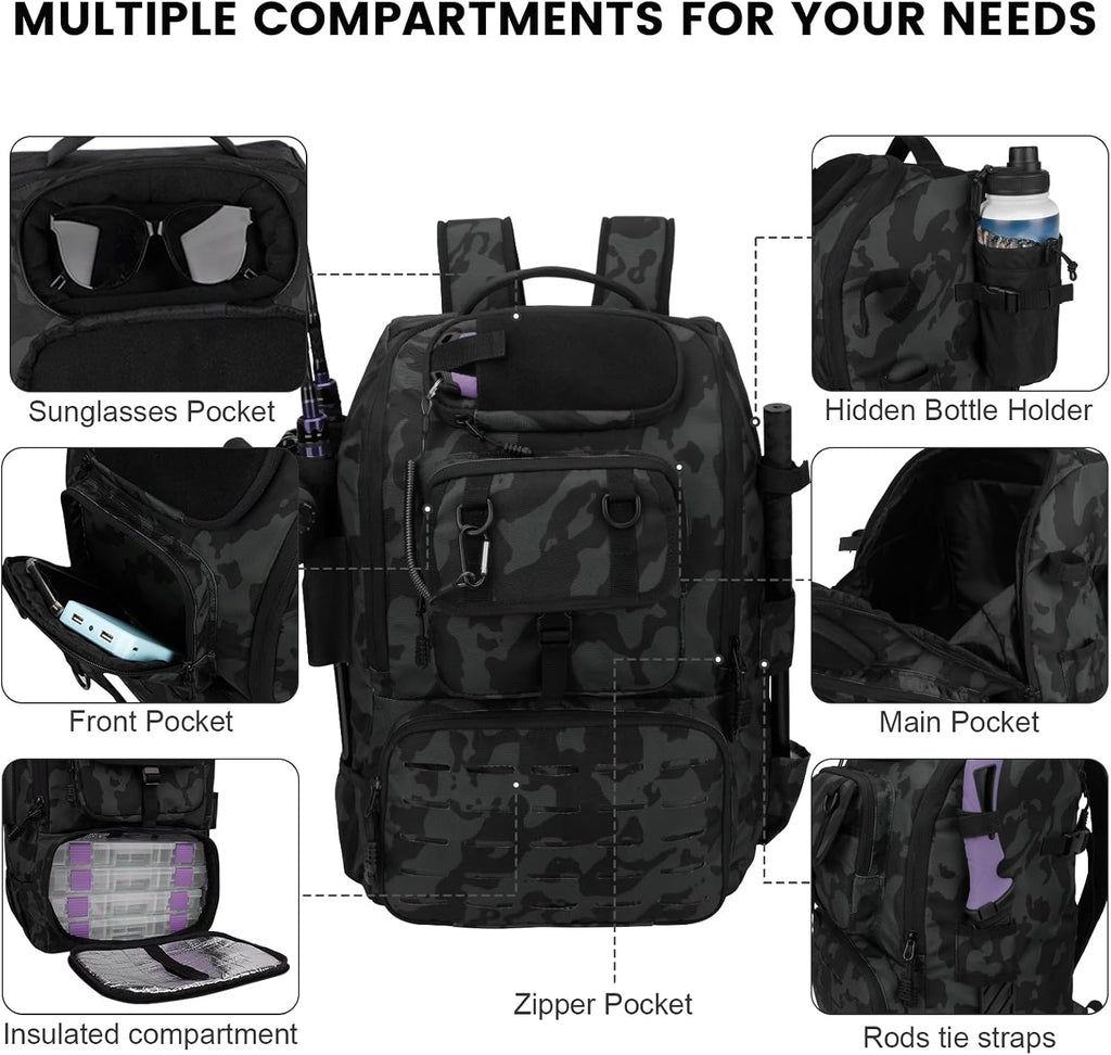 Fishing Backpack with Rod Holders 4 Tackle Boxes,40L Takle Bag for Camping