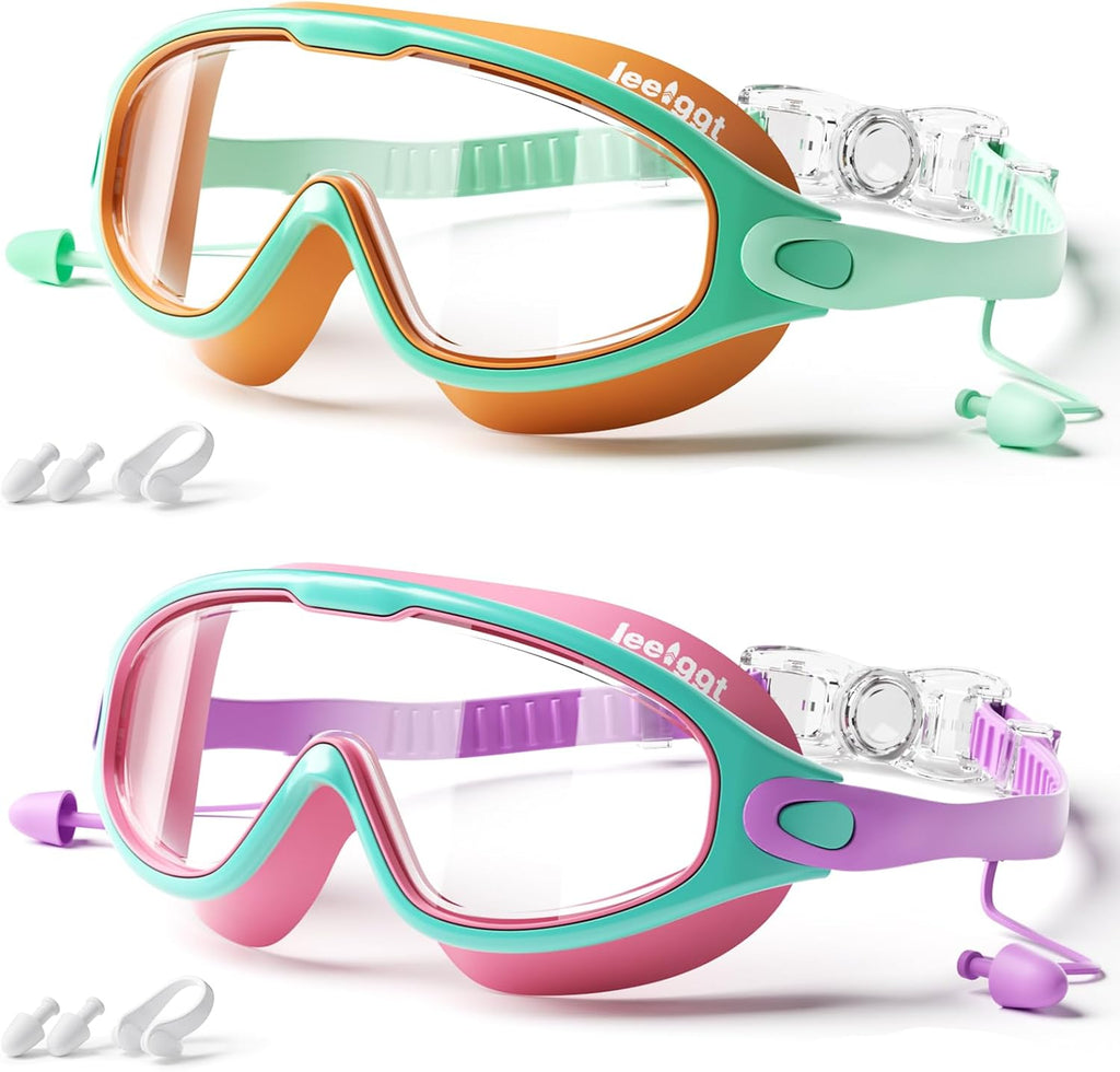 Kids Swim Goggles 2 Pack, Anti-Fog No Leak Swimming Goggles with UV Protection, Wide View Pool Goggles for Boys Girls
