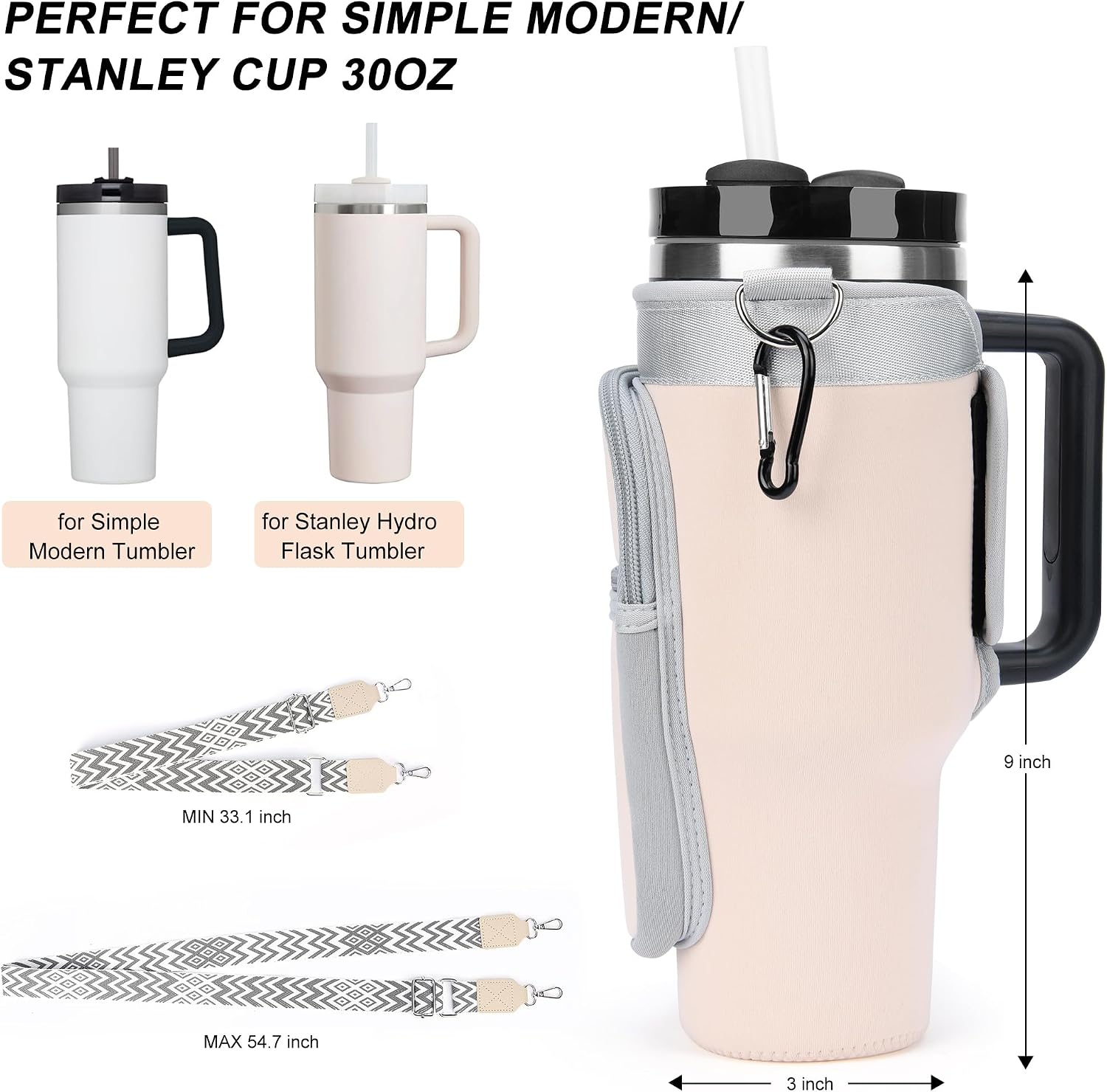 Water Bottle Carrier Bag with Canvas Shoulder Strap for Stanley 30 oz Tumbler with Handle, Water Bottle Holder Pouch with 6.7'' Phone Pocket for Stanley Cup Accessories, Birthday Gifts for Men Women