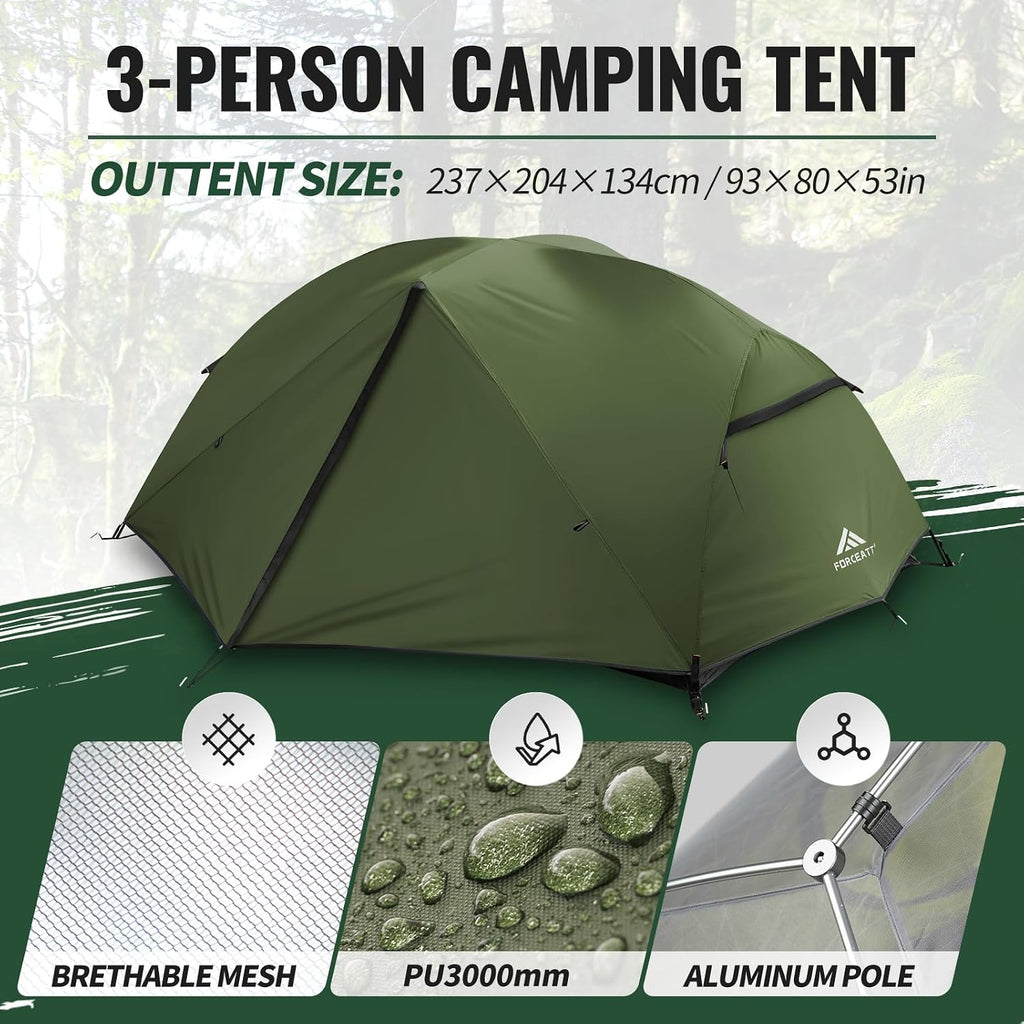 Forceatt Tent for 2 and 3 Person is Waterproof and Windproof, Camping Tent for 3 to 4 Seasons,Lightweight Aluminum Pole Backpacking Tent Can be Set Up Quickly,Great for Hiking