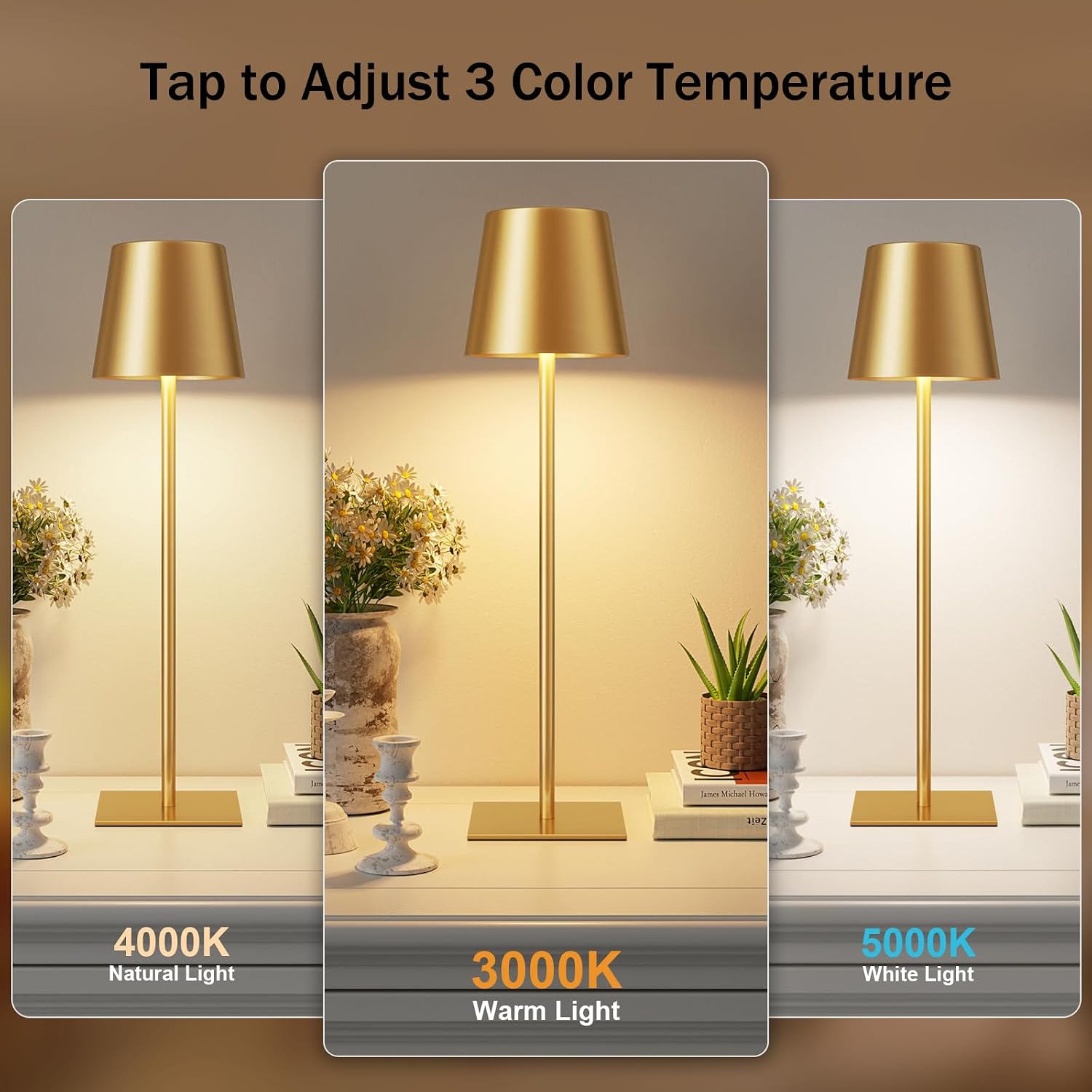 Kakanuo Gold Rechargeable Table Lamp, Cordless Battery Operated Lamp Set