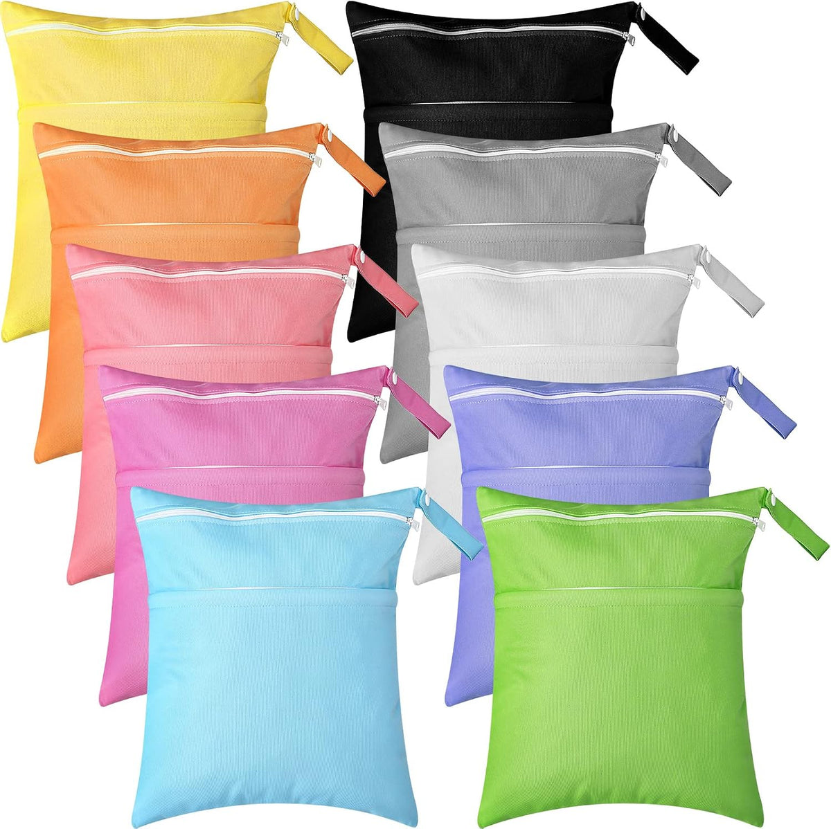 Woanger 10 Pack Wet Dry Bags for Baby Cloth Diapers Waterproof Reusable Travel Bags with Two Zippered Pockets Pool Beach Pouch for Swimsuit Beach Pool Daycare Yoga Gym Dirty Wet Clothe(Classic Color)