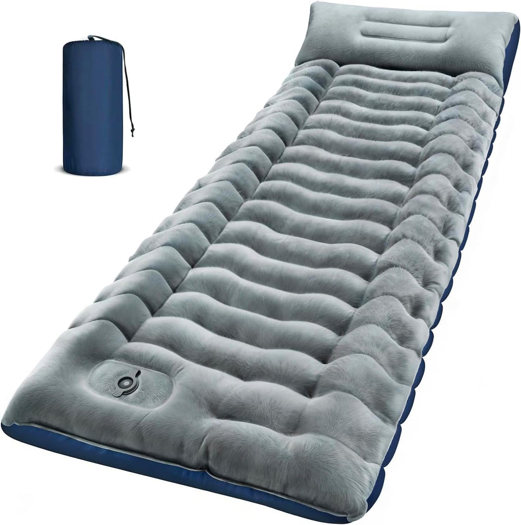 FUN PAC Camping Sleeping Pad, 9.2R-Value Ultralight Camping Mat with Pillow Built-in Foot Pump Inflatable Sleeping Pads Compact for Camping Backpacking Hiking Traveling-Lined Version Grey