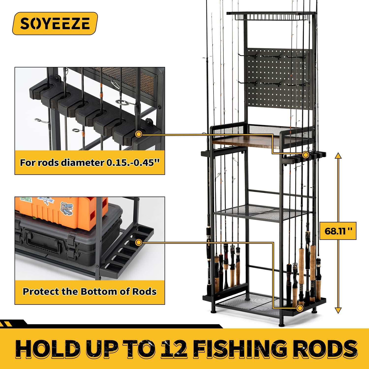 SOYEEZE Fishing Rod Holders for Garage,Fishing Gear Holder for Fishing Rod Tackle Box Storage，Fishing Pole Holders for 12 Rods with Hooks and Pegboard,Fishing Stand with Reel Rack, Standard Size