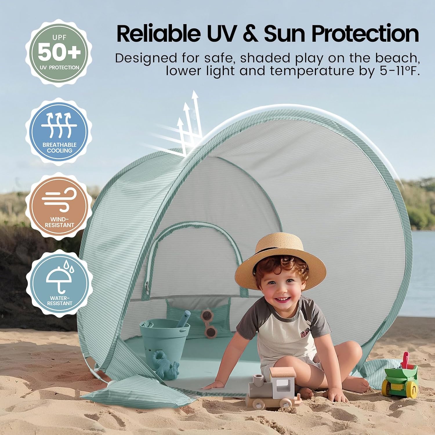 Tiny Land Baby Beach Tent, Pop Up Baby Tent with UPF 50+ Sun Protection | Portable Baby Beach Essentials, 35.4"x27.6"x31.5" Sun Shelter for Infants, Baby Outdoor Use, Pastel Aqua
