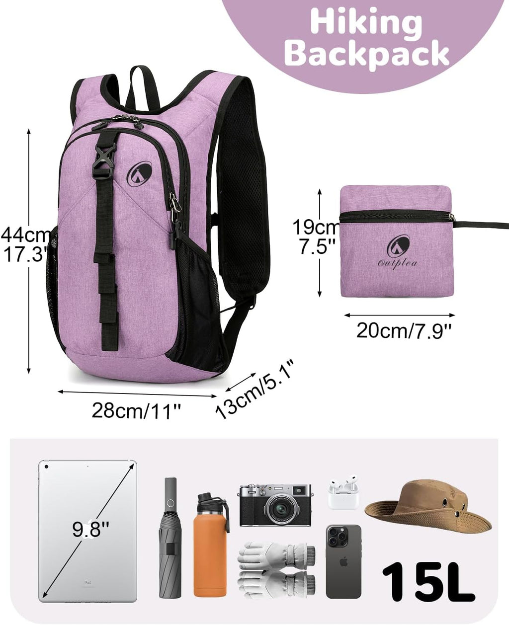Folding Hiking Backpack with Phone Pocket for Men Women, Small Ultralight Packable Casual Daypack with Shoulder Chest Straps for Travel, 15L Foldable Lightweight Day Pack, Purple