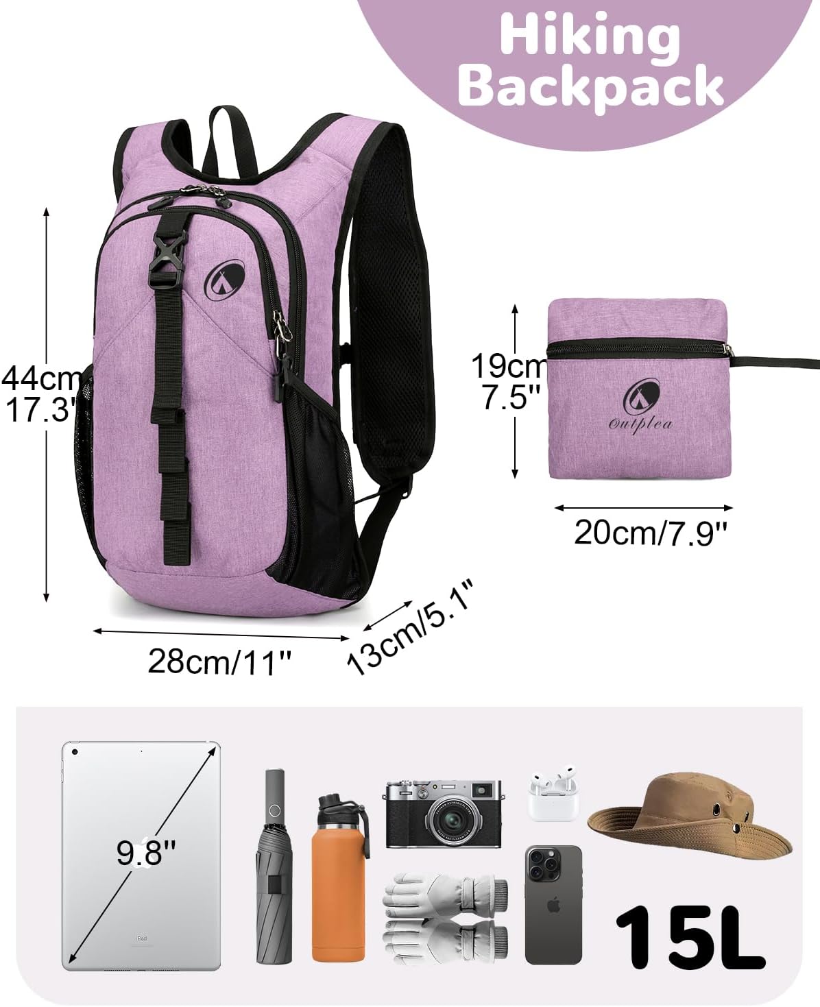 Folding Hiking Backpack with Phone Pocket for Men Women, Small Ultralight Packable Casual Daypack with Shoulder Chest Straps for Travel, 15L Foldable Lightweight Day Pack, Purple