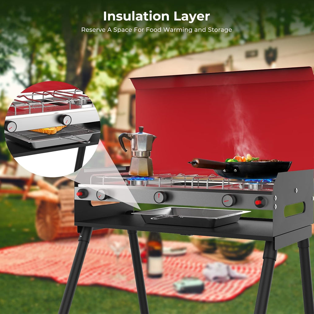 CAMPLUX 2 Burners & 1 Grill Propane Camping Stove, 15,000 BTU Portable Outdoor Propane Camping Grill Burner with Free Standing Legs, Auto-Ignition Gas Stove with Regulator, Red