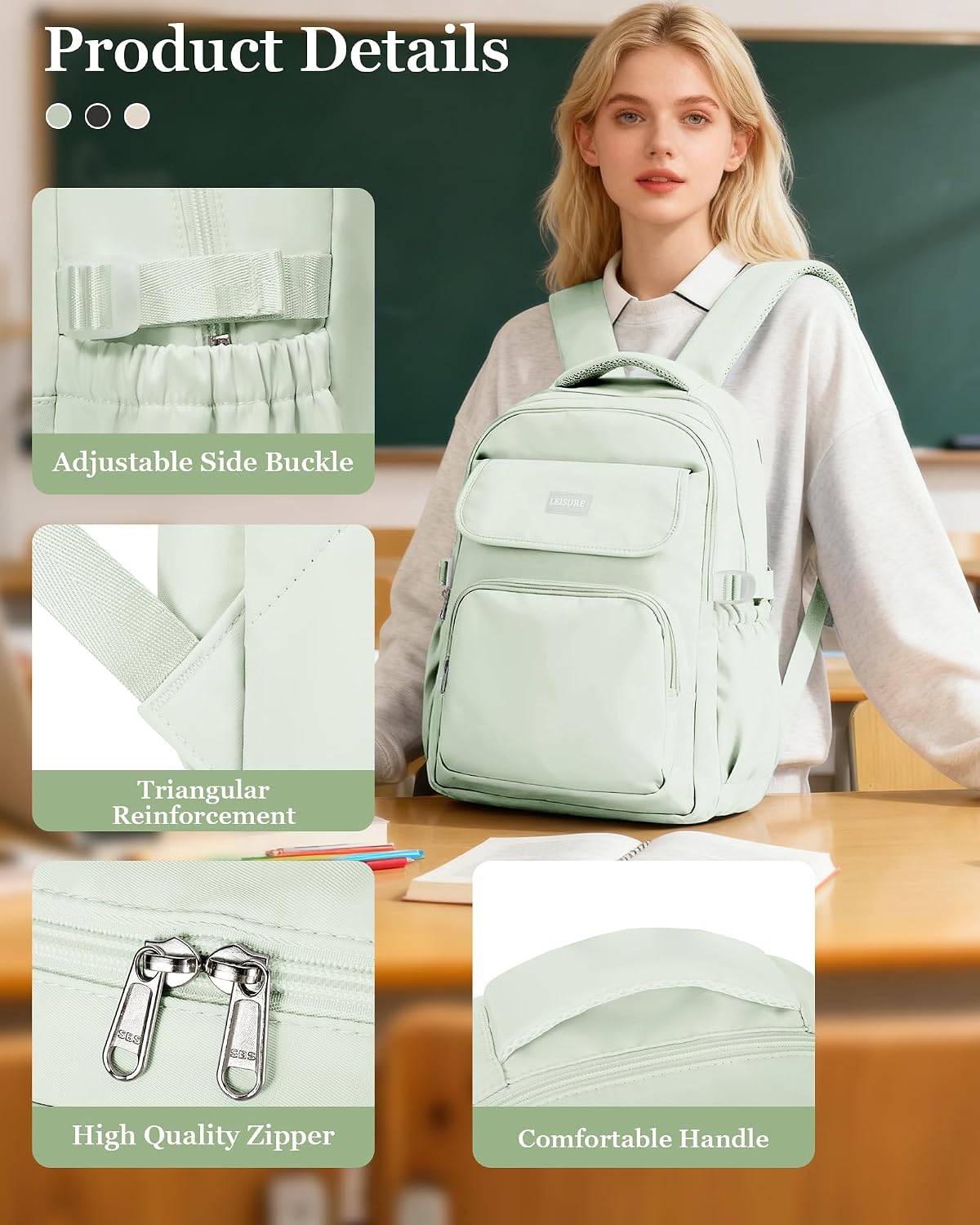 Aesthetic College Backpacks For Women Men,Waterproof High School Back pack,Kawaii Backpack For Teens Girls Boys,Student Latop Travel Backpack(Mint Green)