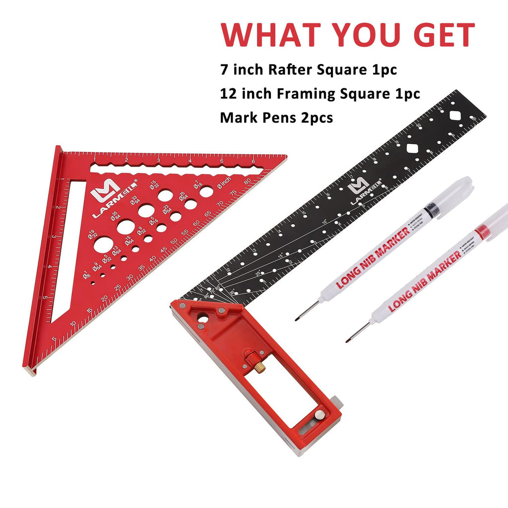 Rafter Square 7 Inch and Framing Square 12 Inch Carpenter Square Set, Woodworking Square Tool, Aluminum Squares Metal Ruler for Woodworking